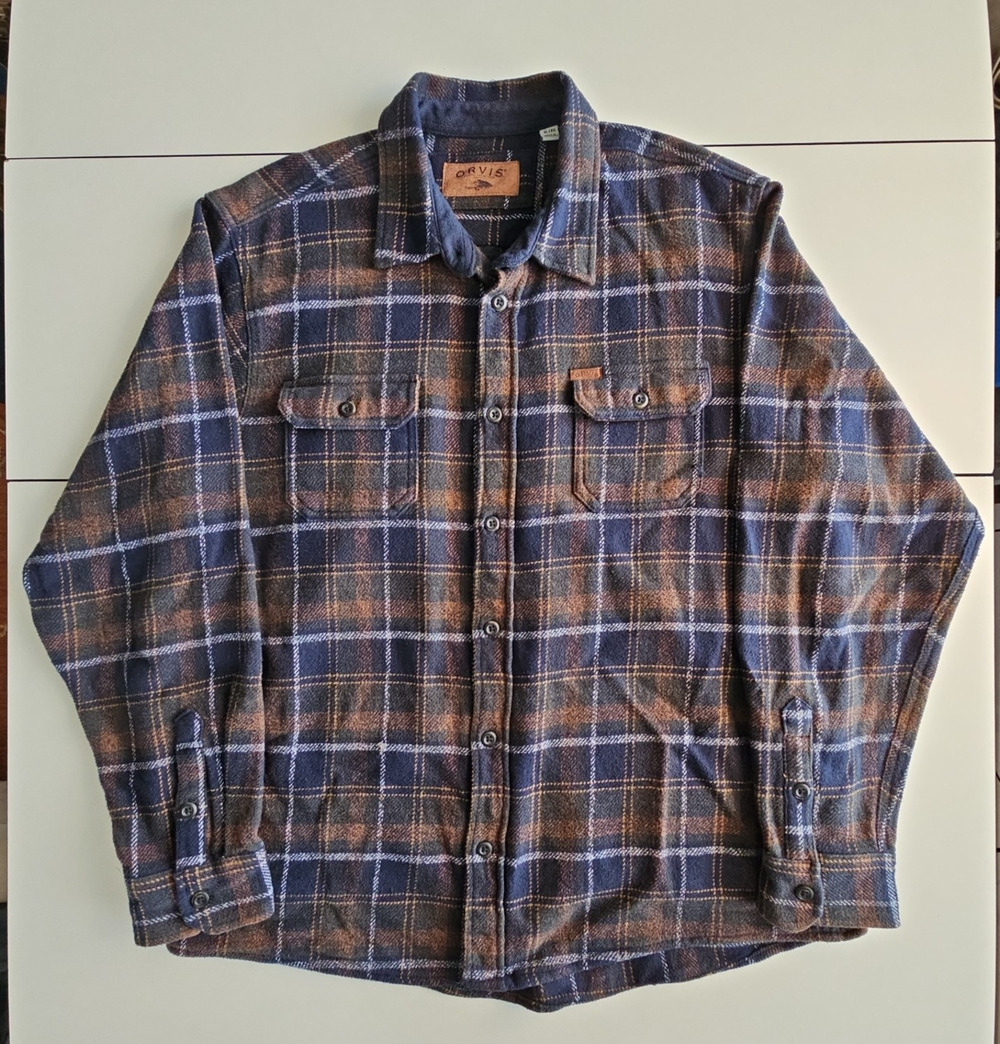 Orvis Big Bear Heavyweight Flannel Shirt Mens XL Blue Brown Plaid Cotton